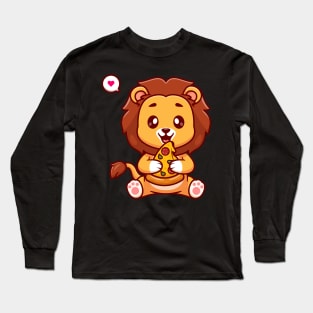 Cute Lion Eating Pizza Cartoon Long Sleeve T-Shirt